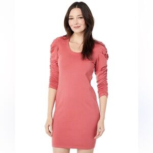 Sundry Anthropology NWT Rust Sheath Dress with Ruched Puff Sleeves
